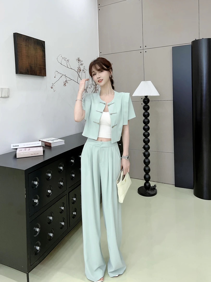 《云中青墨》国风金属盘扣短袖西装套装 #8135