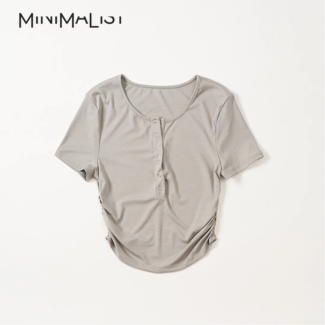 MiniMalist 2023夏设计感V领纽扣紧身显瘦短袖T恤C2Y353494休闲