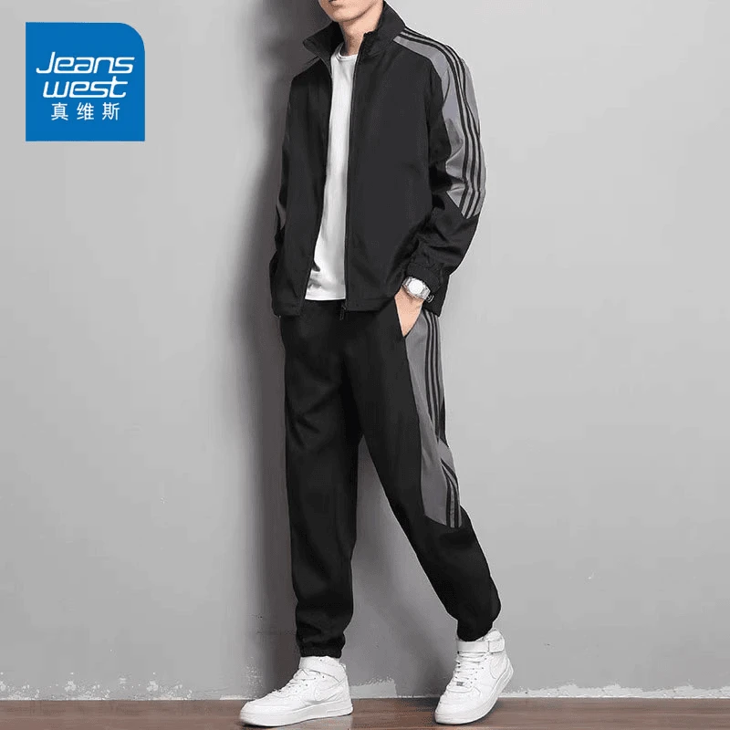 Jeanswest/真维斯长袖长裤套装男士春秋季潮流条纹休闲运动两件套