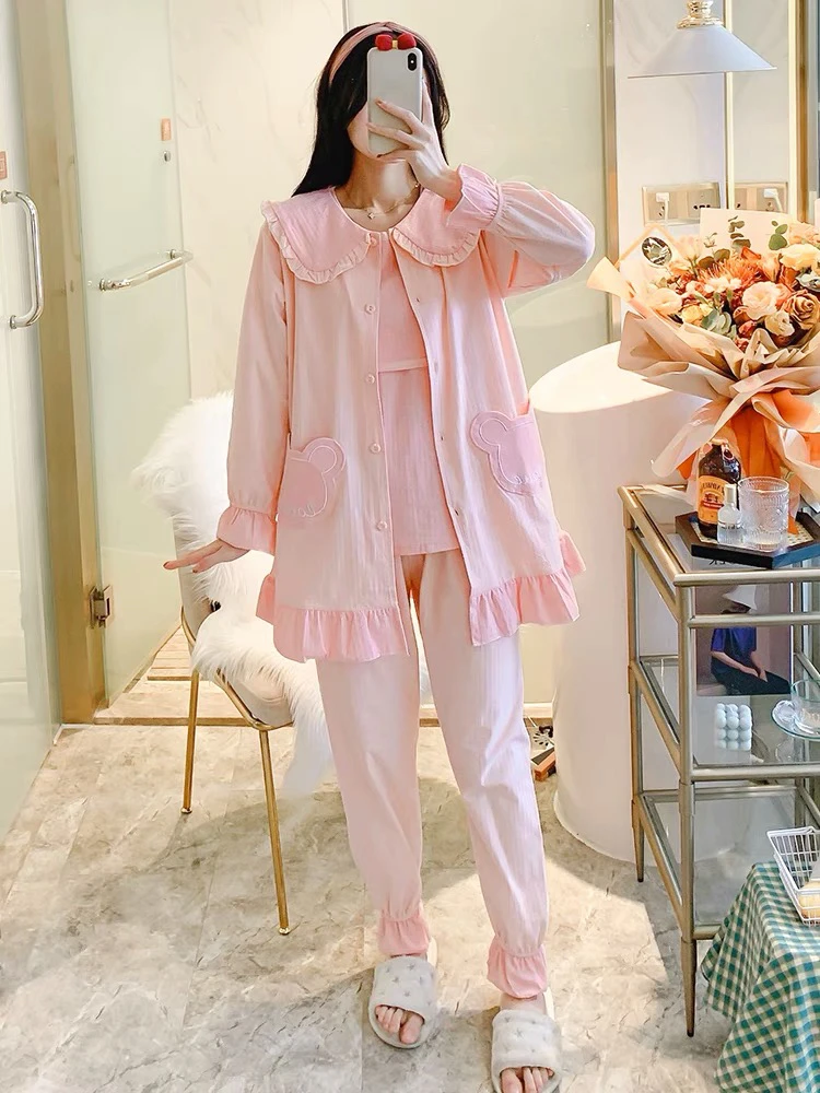 宅孕美纯棉月子服三件套装产后睡衣孕妇哺乳春夏秋冬款哺奶家居服