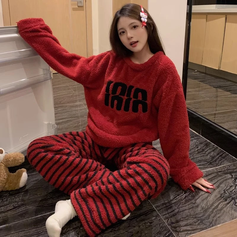 睡衣女冬季2024年新款加绒加厚珊瑚绒喜庆红休闲保暖家居服套装冬