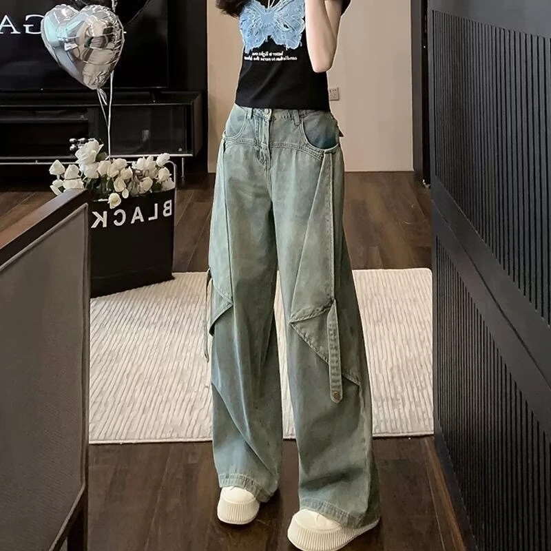 重工水洗解构拼接牛仔裤男女设计感美式休闲阔腿裤子高街直筒长裤