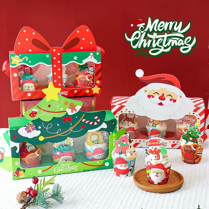 圣诞节包装盒烘焙纸杯蛋糕手提盒圣诞老人红色绿色礼物盒马芬杯盒