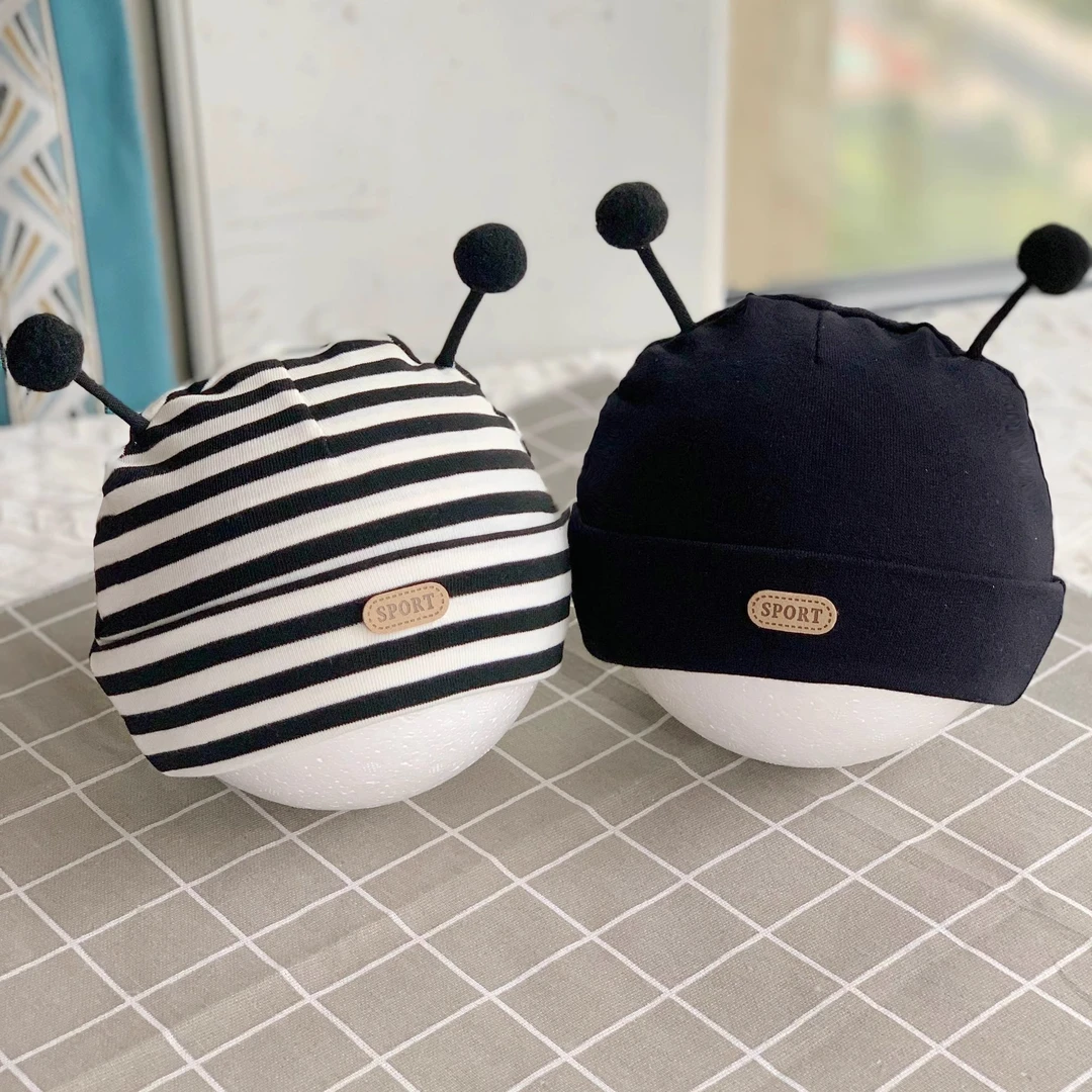 秋冬双层厚款婴儿帽子新生儿胎帽男女宝宝可爱小触角网红保暖条纹