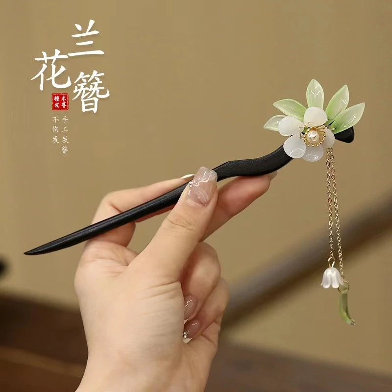 玉兰花头饰木簪子黑色木质玉兰花朵发簪复古中式手工头饰盘发簪子