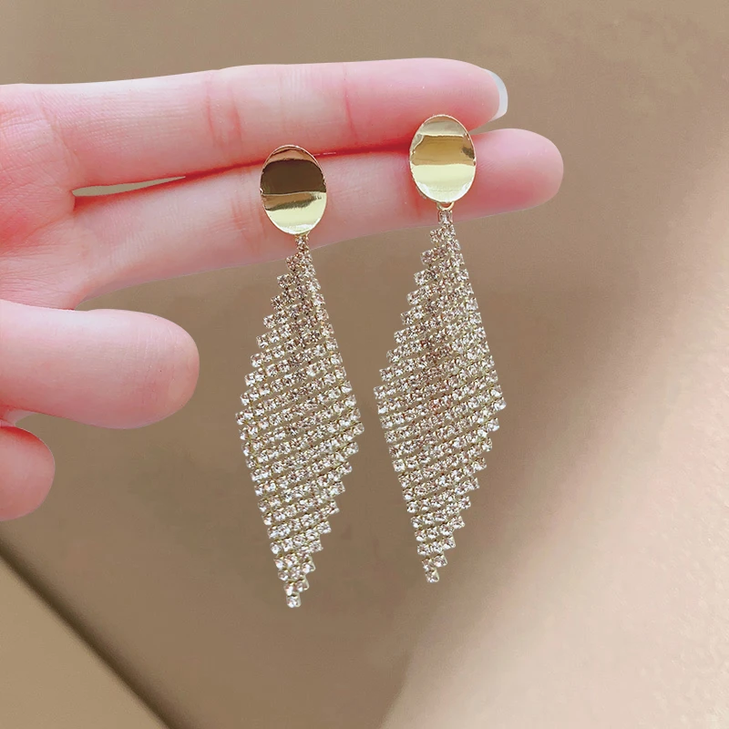 合金耳饰 超闪夸张镶钻气质长款耳环 欧美风轻奢时尚大气满钻耳饰