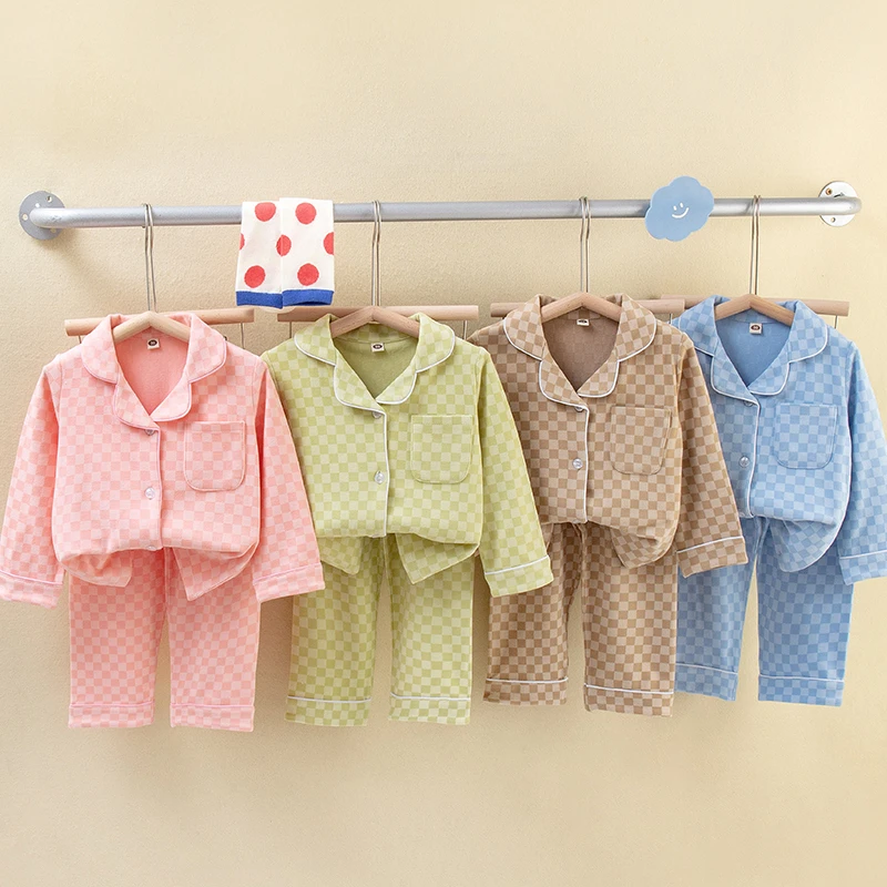 3183【德绒】双面绒翻领加厚保暖套装棋盘格男女宝家居服秋衣秋裤