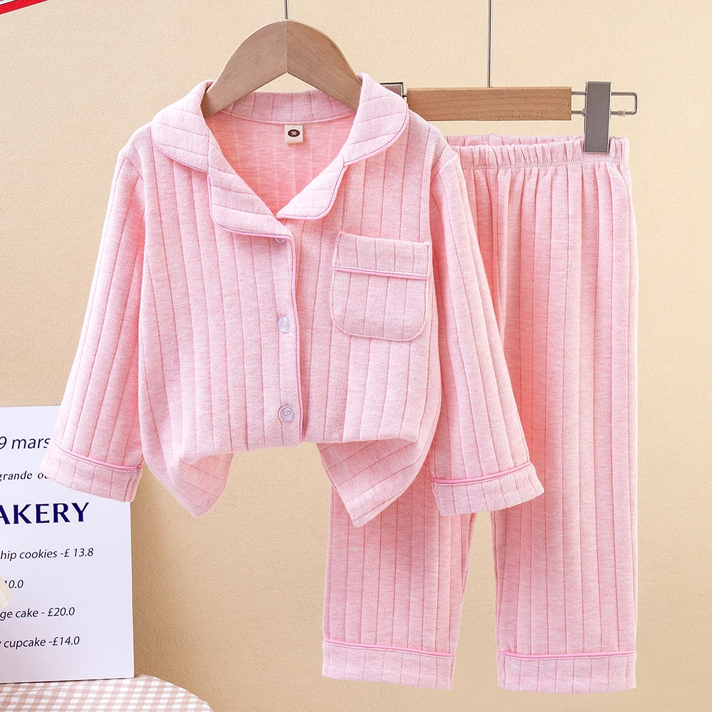 3129【加厚纯棉】男女童翻领厚棉提花开衫家居服套装新款儿童睡衣