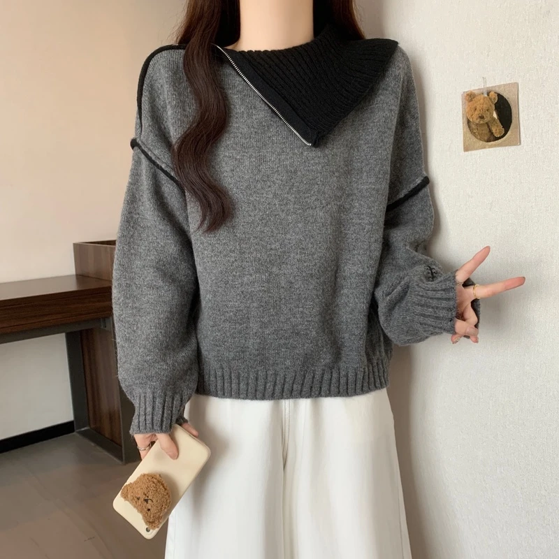 大码女装遮肚子大翻领毛衣针织衫女春秋胖妹妹洋气复古长袖打底衫