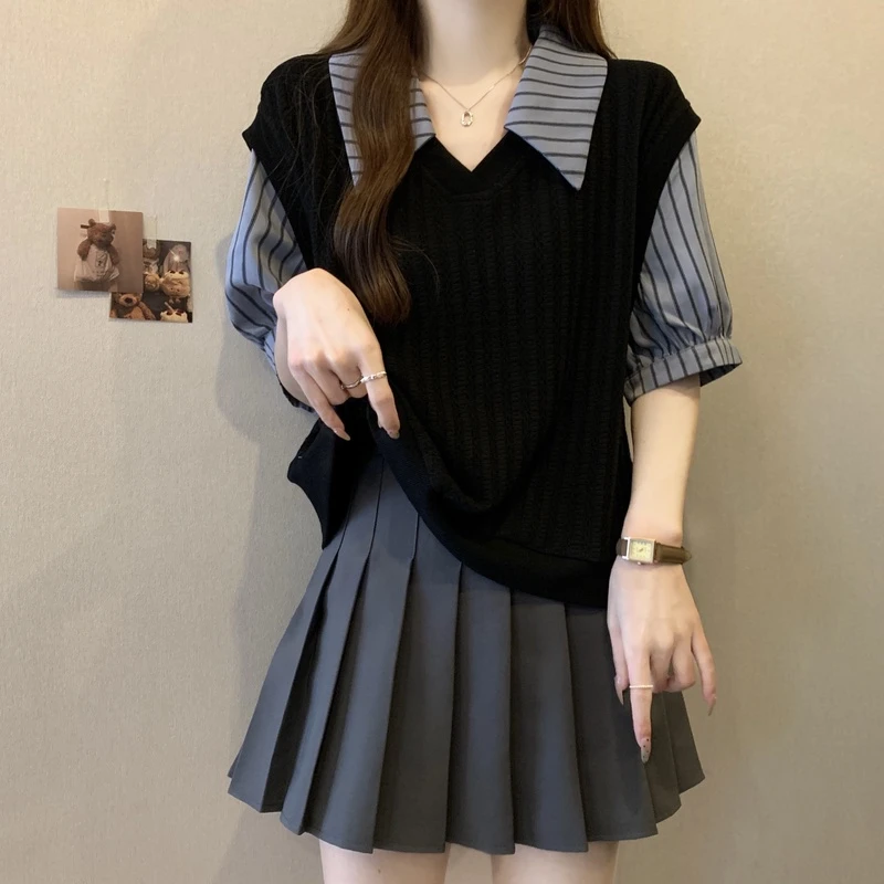 大码夏季遮肚子假两件正肩打底衫女胖妹妹显瘦条纹POLO领针织上衣