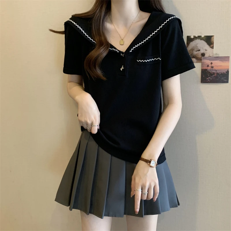 大码遮肚子学院风刺绣正肩打底衫女夏季胖妹妹显瘦海军领百搭上衣
