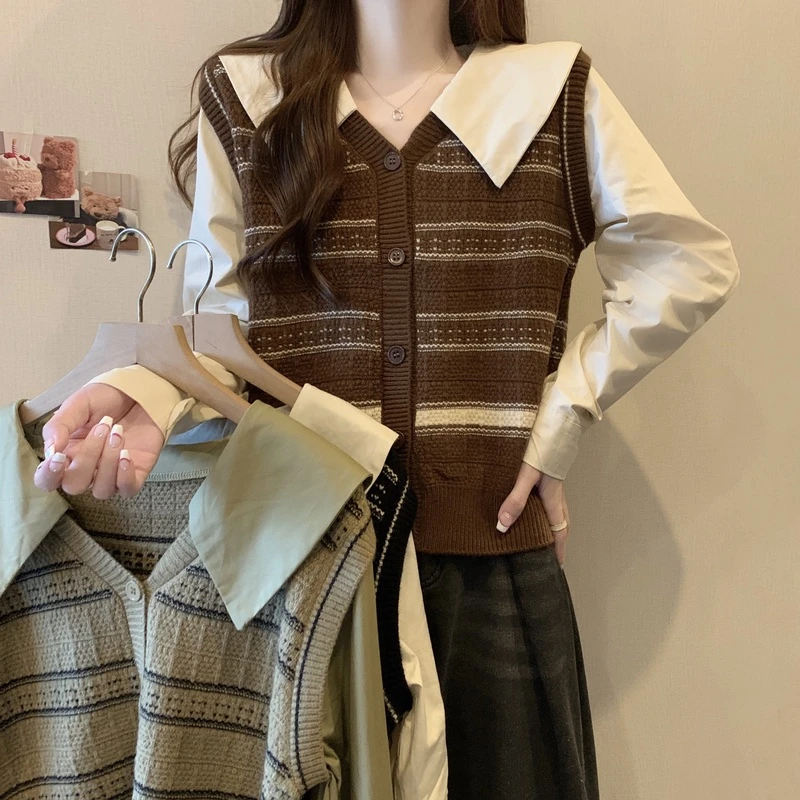 实拍~微胖mm女生大码假两件衬衣拼接打底针织衫遮肉显瘦长袖上衣