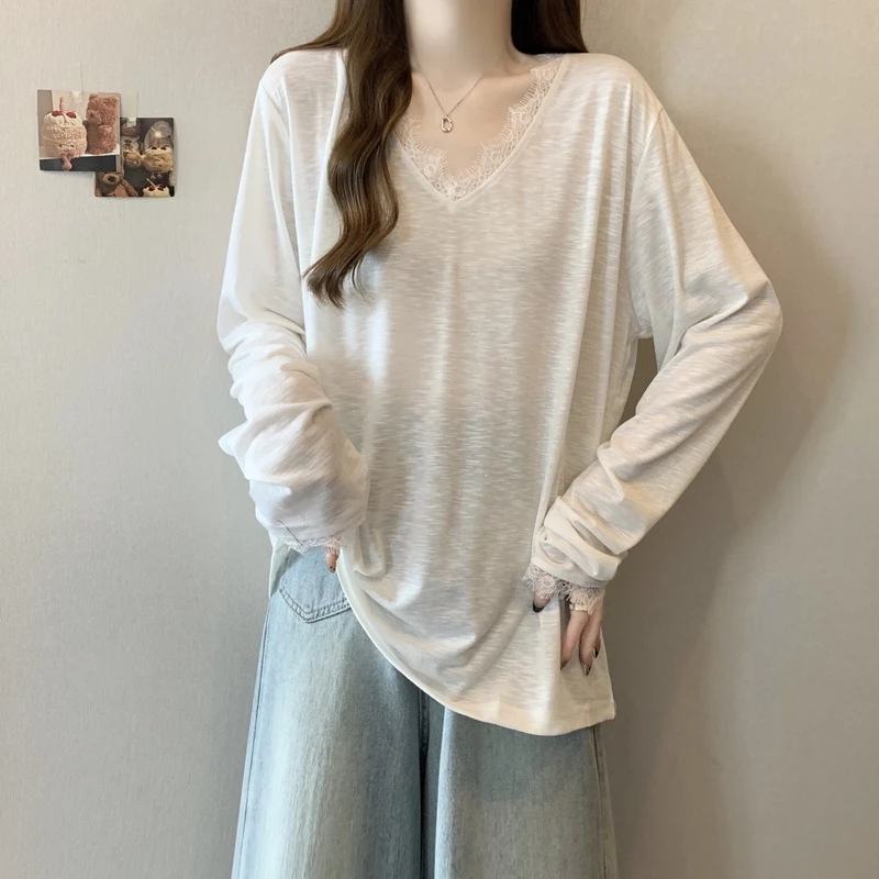 实拍~胖MM大码V领蕾丝拼接打底衫气质休闲慵懒长袖T恤
