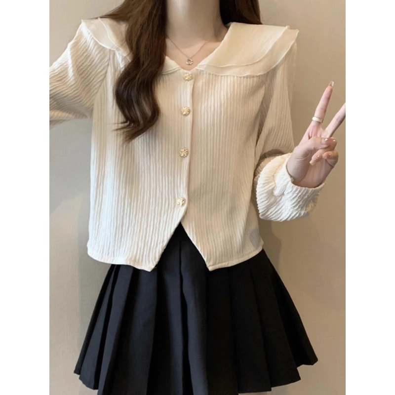 大码秋季法式双层娃娃领长袖衬衫女胖MM宽松显瘦洋气开衫针织上衣