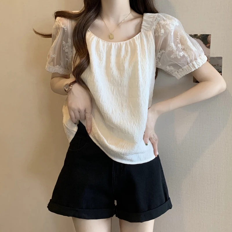 大码女装夏季新款大码胖MM网纱拼接方领时尚显瘦遮肉上衣短袖女