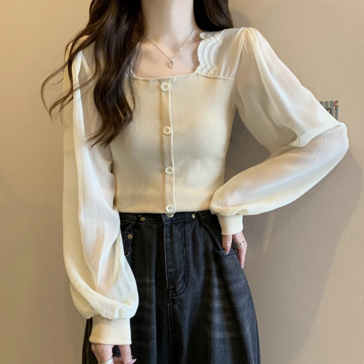 大码女装秋季胖MM遮肉法式温柔风气质收腰显瘦针织拼接长袖打底衫