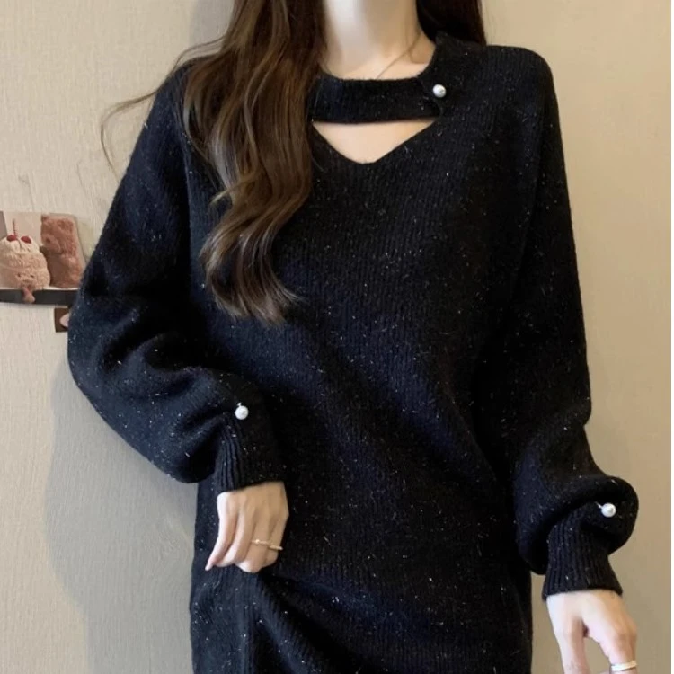 大码女装秋冬内搭针织毛衣连衣裙胖mm慵懒风宽松显瘦中长款打底裙