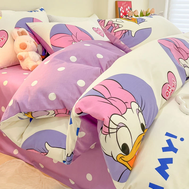 迪士尼米奇卡通磨毛四件套少女心黛西床上三件套四季通用床单被套