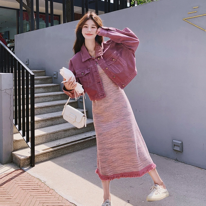 韩系树莓紫牛仔外套吊带裙套装女2024秋季新款休闲减龄条纹连衣裙