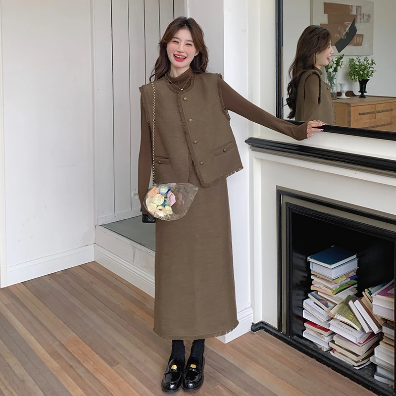 复古马甲小香风三件套装连衣裙女2024春秋季新款美拉德显瘦半身裙