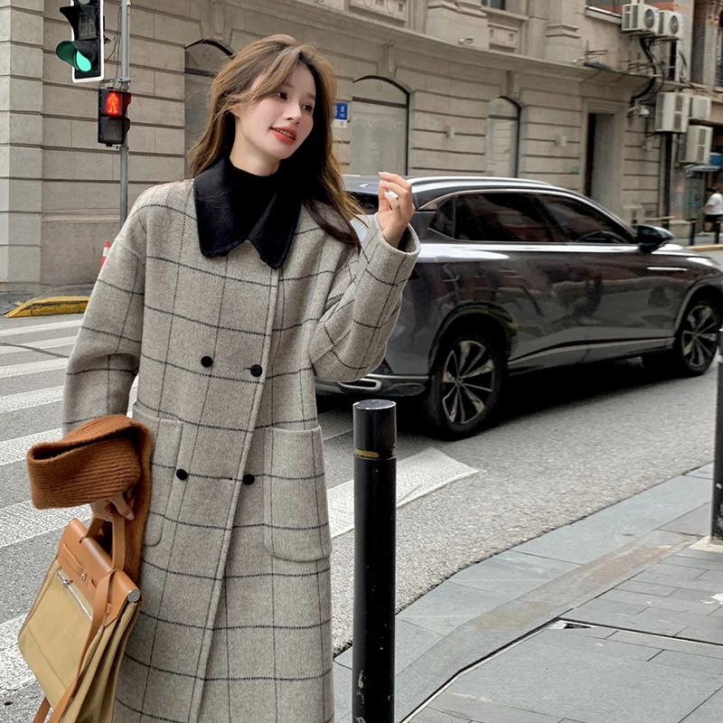 D003高级感格子双面羊毛大衣女中长款2024秋冬新款气质毛呢外套