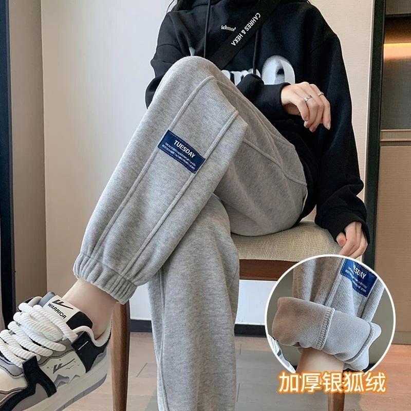 冰恋飞正品灰色运动裤女秋季新款大码休闲百搭高腰束脚灯笼裤卫裤