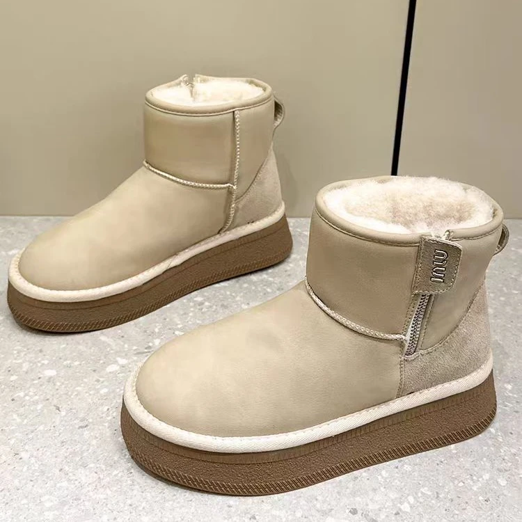 万达撤柜头层牛皮雪地靴2025冬季新款加绒加厚皮面厚底防水防滑小