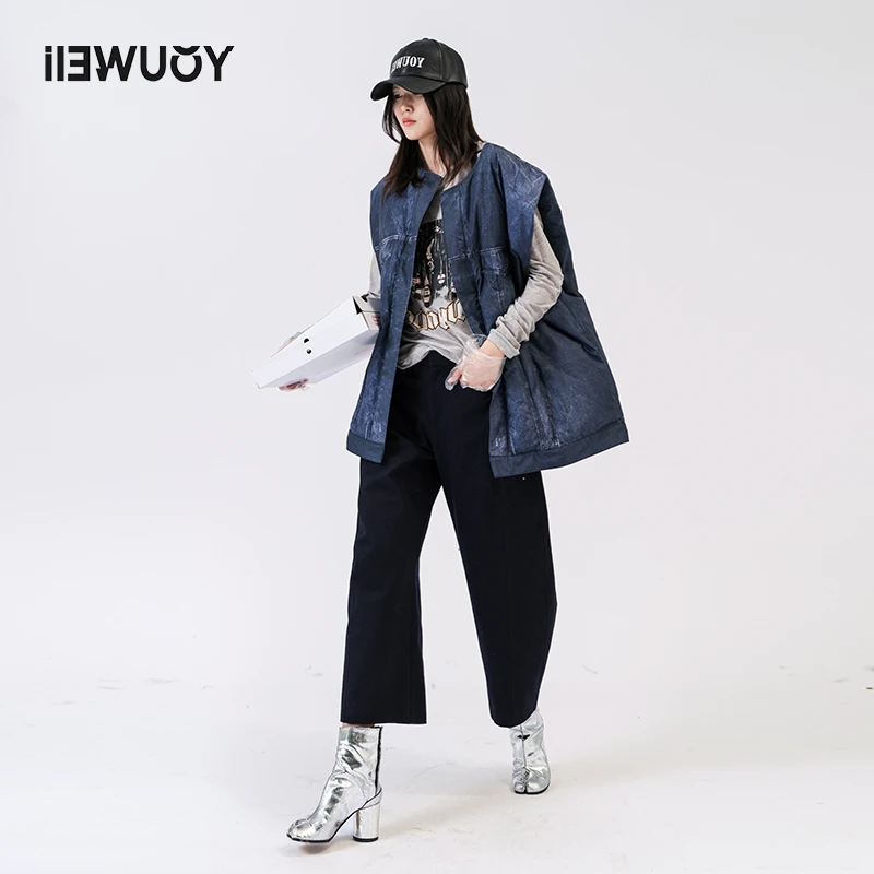 有尾YOUWEI仿牛仔印花羽绒马甲外套 复古做旧休闲马甲Y3622411