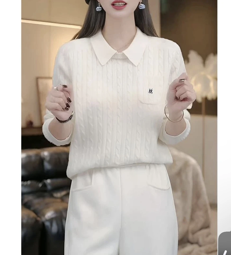 秋冬设计感翻领麻花翻领针织衫羊毛杉百搭显瘦减龄学院风针织毛衣