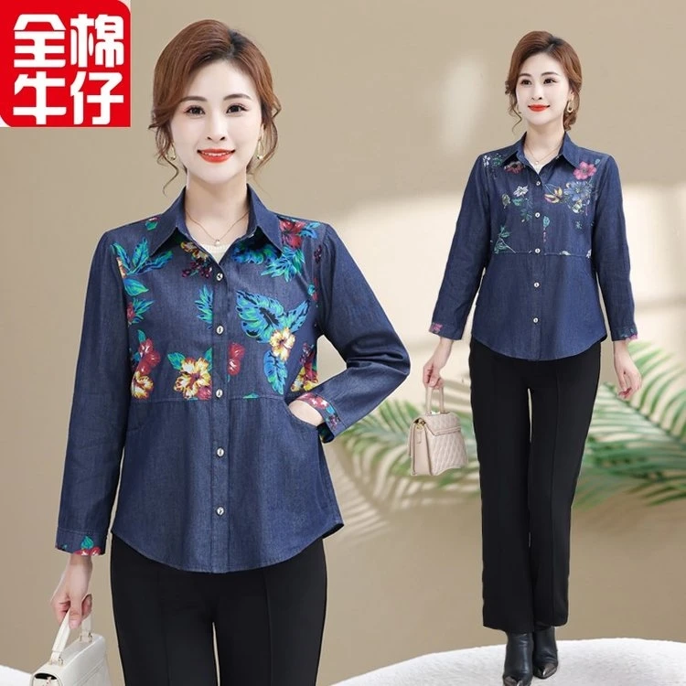 衬衫女装妈妈新款开衫宽松时尚牛仔夏季妈妈装休闲上衣薄款减龄