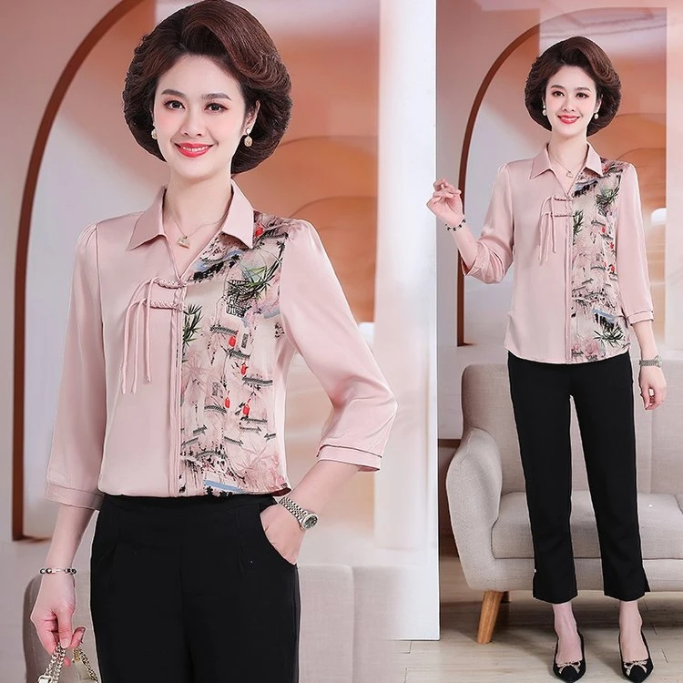 女士衬衫国风印花小衫夏季新款洋气宽松七分袖显瘦妈妈装