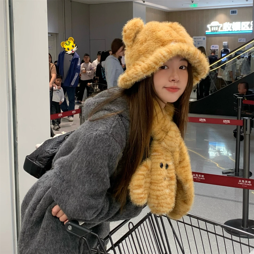 可爱小老虎毛绒耳朵渔夫帽子女冬季护颈保暖卡通围脖秋冬