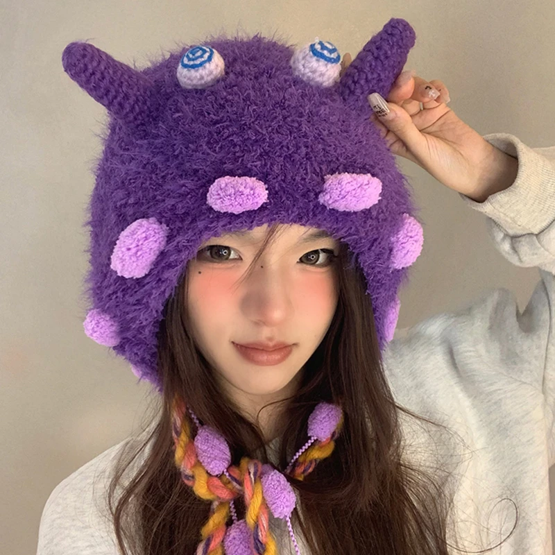 可爱搞怪小怪兽针织包头帽女秋冬季保暖护耳显脸小手工毛线帽子潮