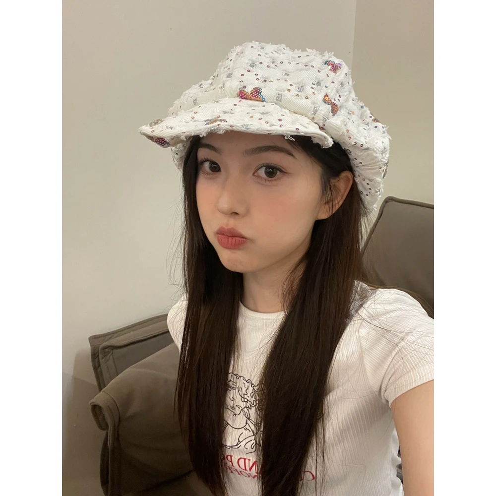 日系大头围y2k白色云朵贝雷帽子女复古小众显脸小亮片画家八角帽