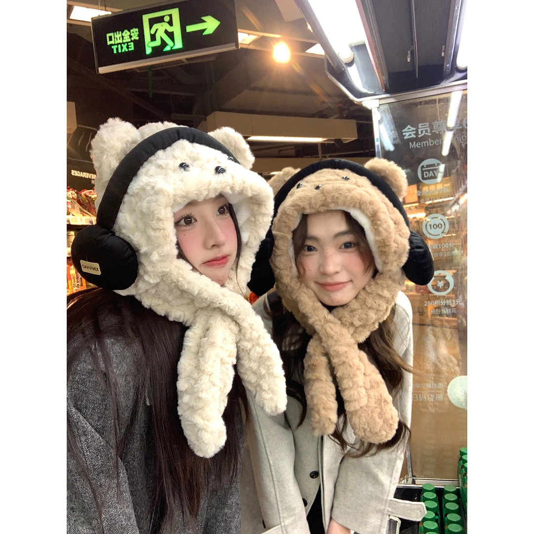 可爱耳机小熊帽子围巾一体冬季保暖加绒加厚围脖护耳雷锋帽毛绒
