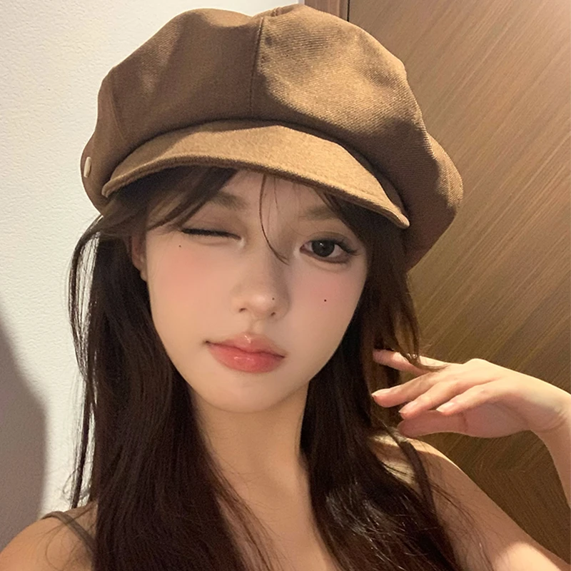 简约咖色贝雷帽女春秋日系复古百搭八角帽大头围显脸小画家帽子潮