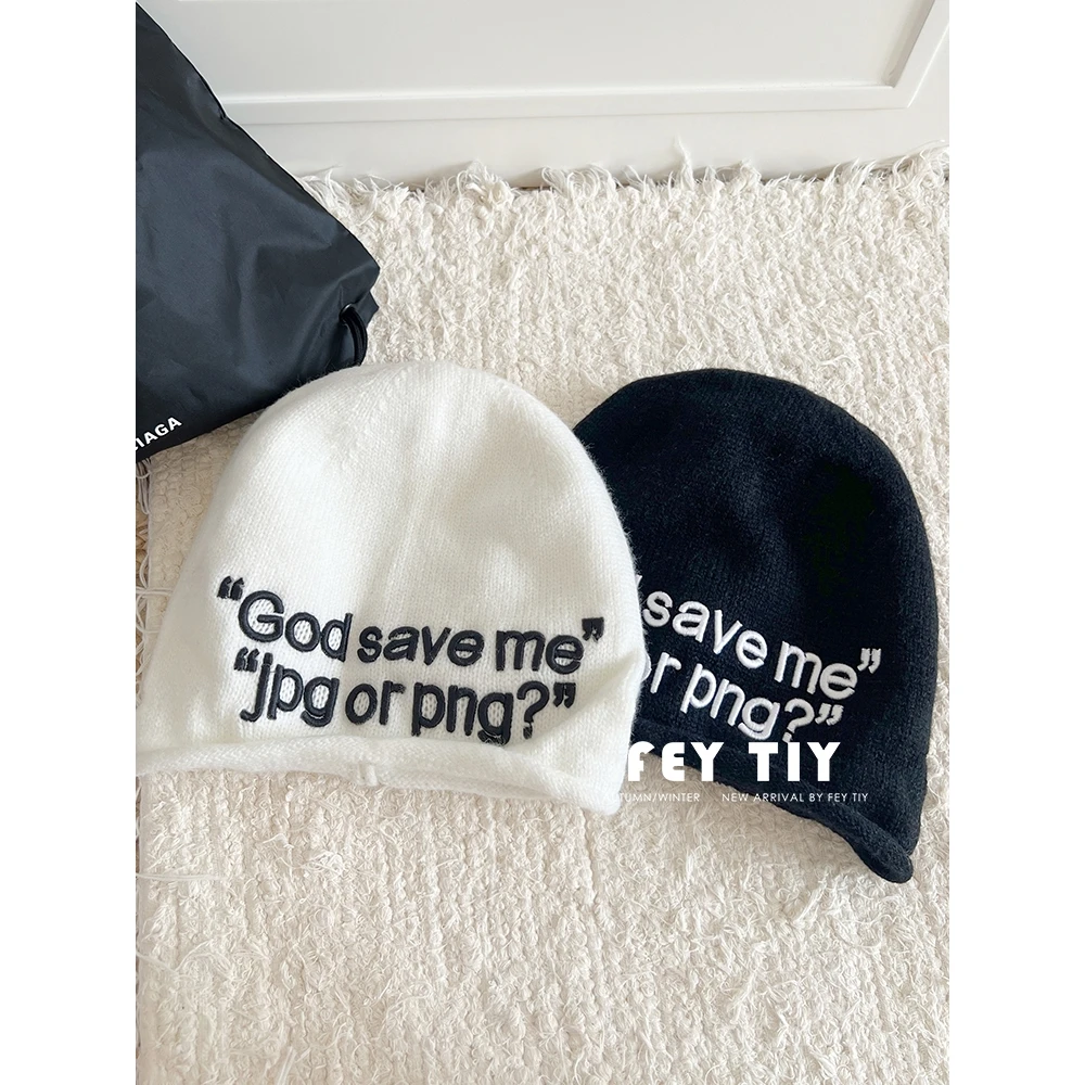 圆顶刺绣针织美式冷帽字母堆堆帽毛线甜酷辣妹包头帽潮秋冬季百搭