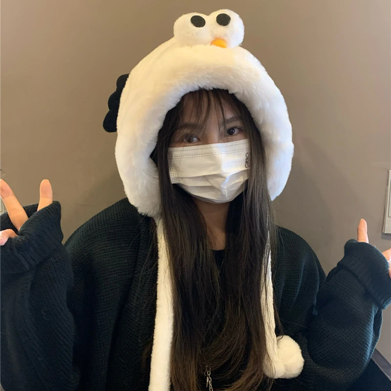 韩国ins可爱企鹅毛绒绒帽子女显脸小护耳帽秋冬保暖雷锋帽套头帽