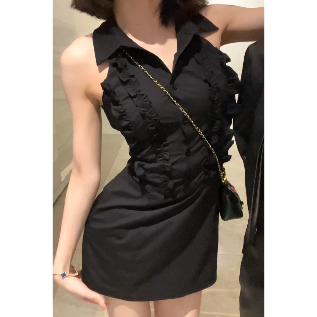 【莫妮卡】Lu 黑色露腰法式气质小众收腰性感设计感辣妹衬衫连衣裙