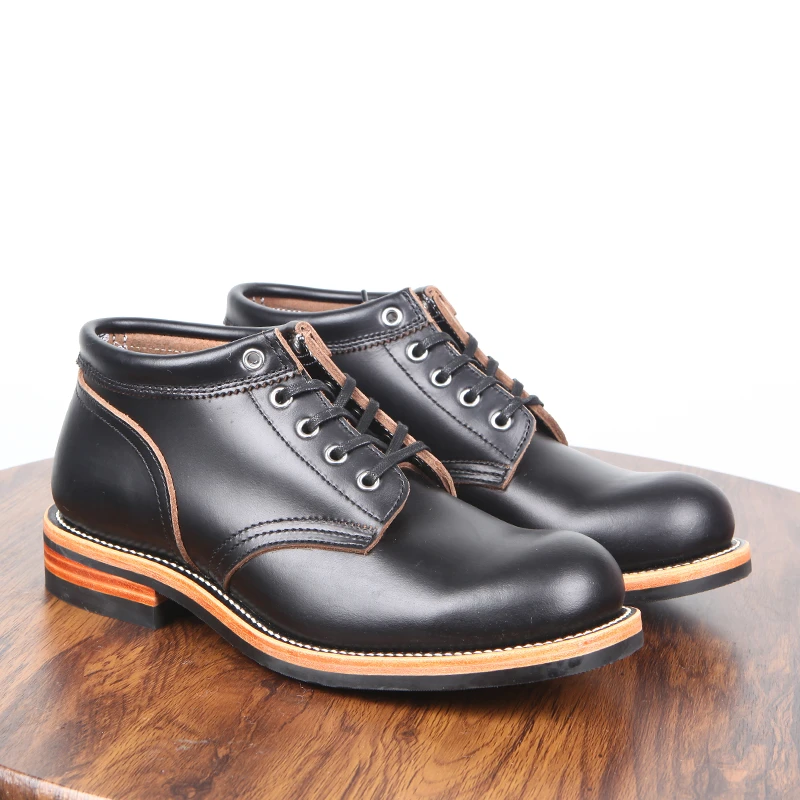 茶心牛皮德永A01中帮工装鞋圆头系带复古休闲皮鞋上线底真皮短靴