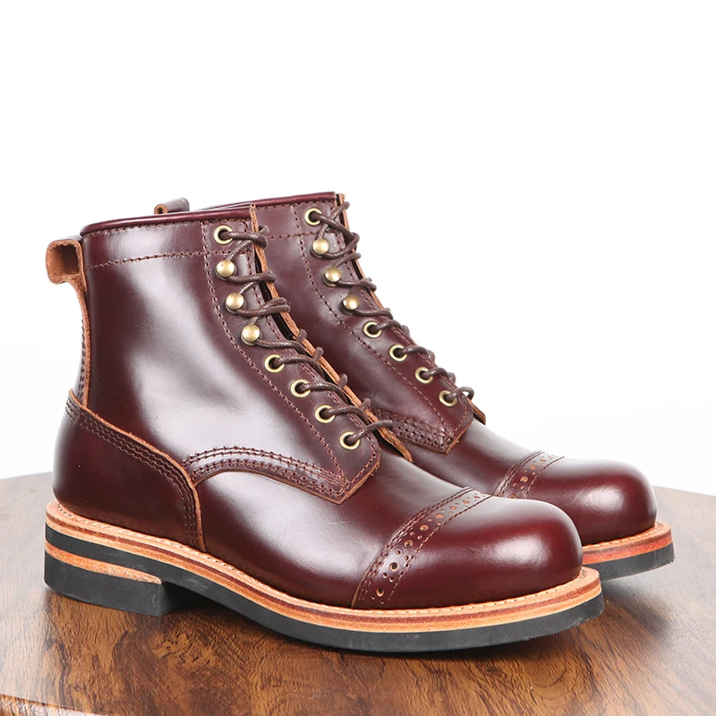 深棕伞兵靴小白工装靴手工上线高帮休闲户外马丁靴机车男士短靴
