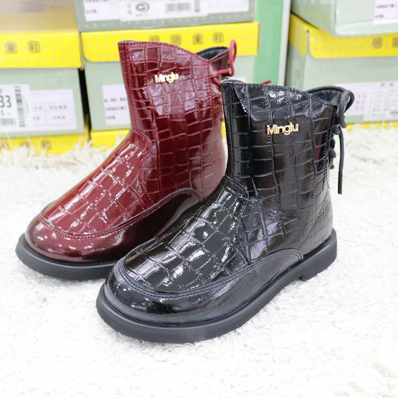 明璐童鞋二棉女童靴子马丁靴软底侧拉链公主靴儿童时尚防水棉鞋