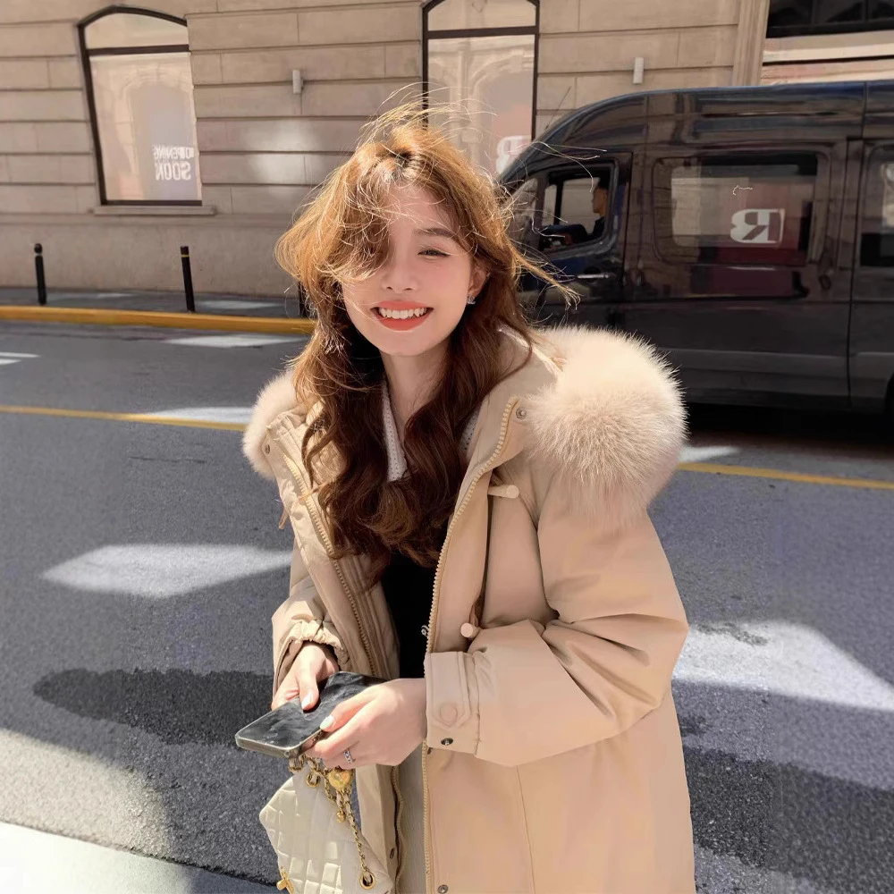 韩系大毛领连帽牛角扣保暖棉服加厚2024冬季外套女装百搭时尚