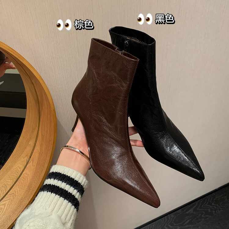 7cm~羊皮尖头高跟短靴女秋冬新款2024真皮气质女士细跟瘦瘦靴黑色