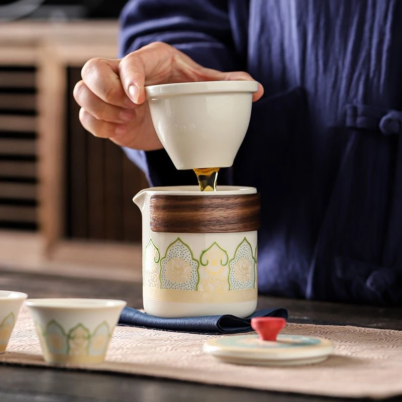 古韵堆花快客杯茶道茶具家用陶瓷便携白瓷户外创意泡茶杯旅行