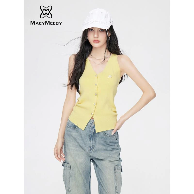 【毛毛专属】MacyMccoy V领褶皱针织背心女2024夏季设计感时髦上衣