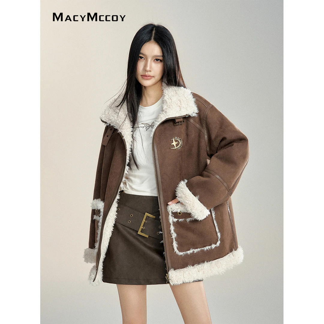 MacyMccoy廓形外套女2024冬季新款大口袋设计感加绒加厚保暖上衣