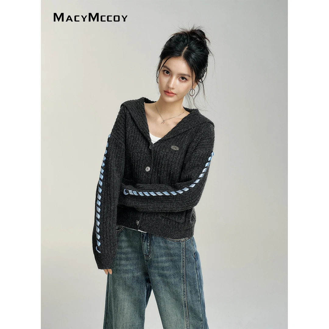 MacyMccoy大翻领绸带毛衣女2024冬季设计感软糯百搭上衣含绵羊毛