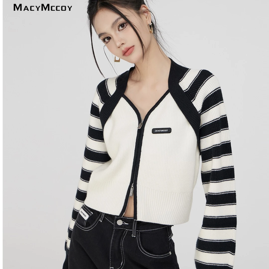 MacyMccoy条纹拼接针织开衫女春季新款显瘦经典时髦设计感假两件