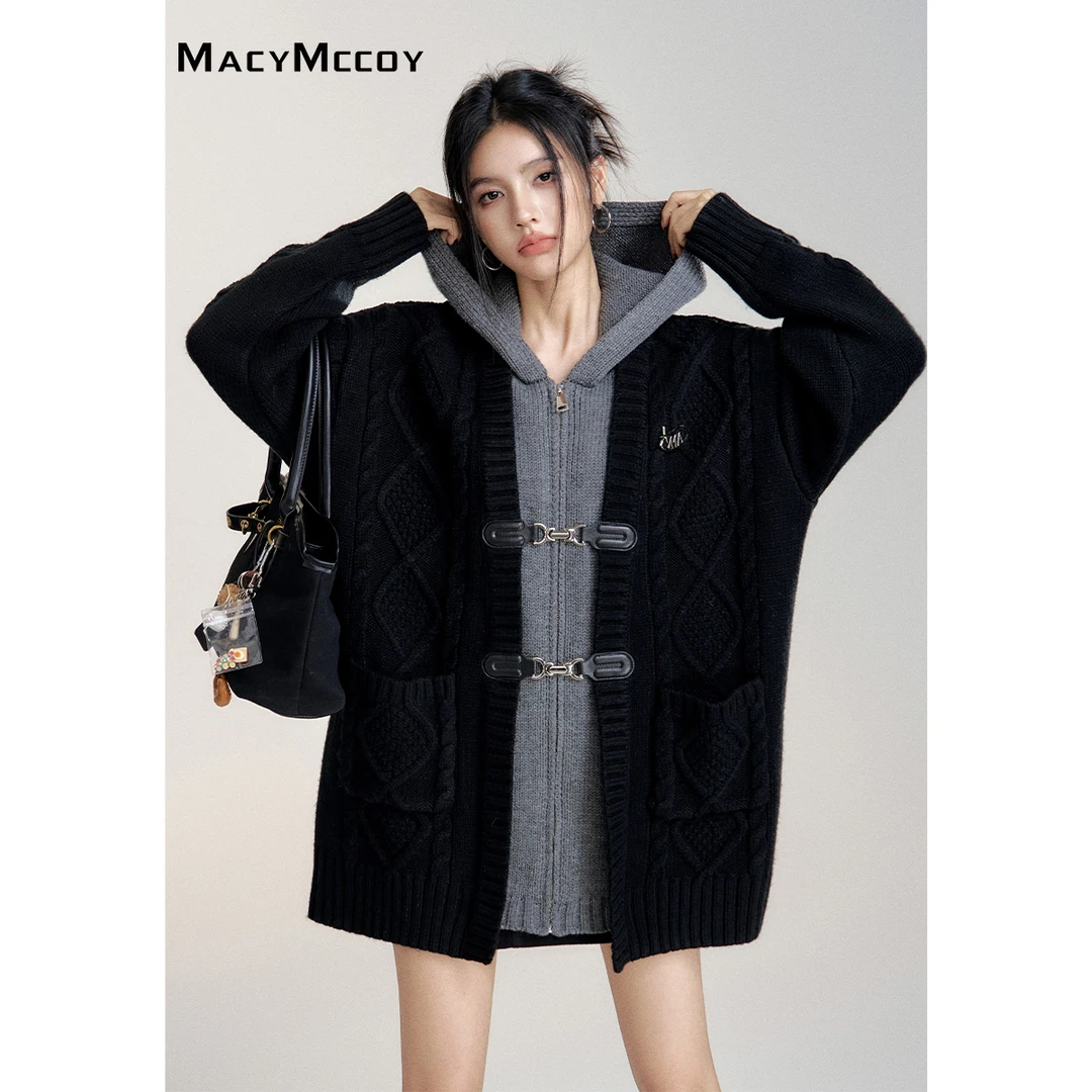MacyMccoy带帽针织大外套女冬季复古慵懒风假两件设计感廓形上衣